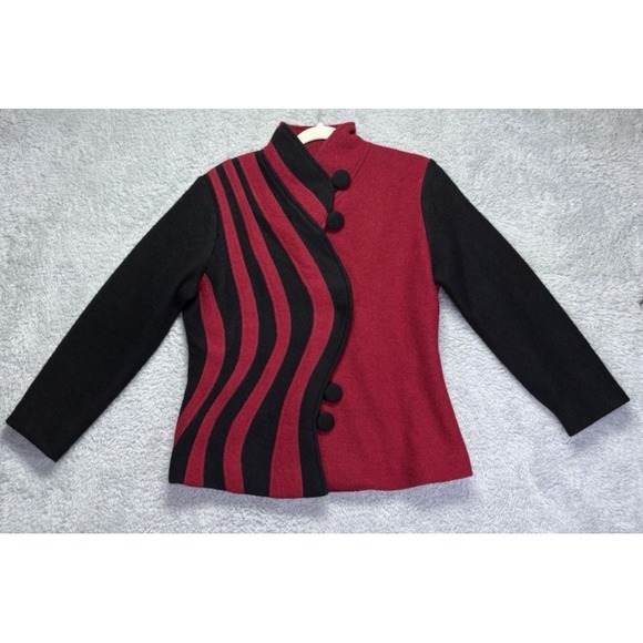North Style Boiled Wool Asymmetrical Red Black Jacket Size S Flattering Lines - Picture 1 of 10